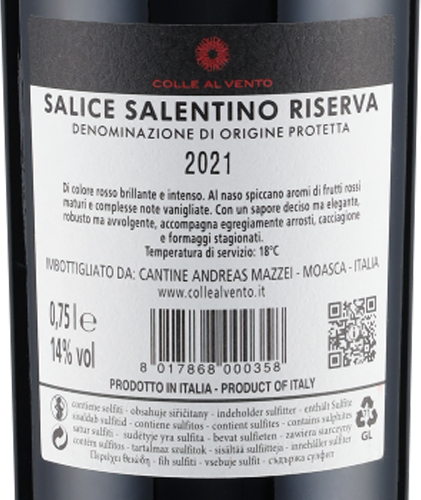 Salice Salentino Riserva DOP Lena 2021 Colle al Vento