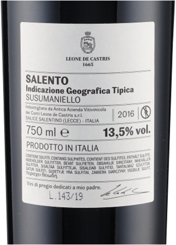 Per Lui Susumaniello Salento IGT 2016 Castris