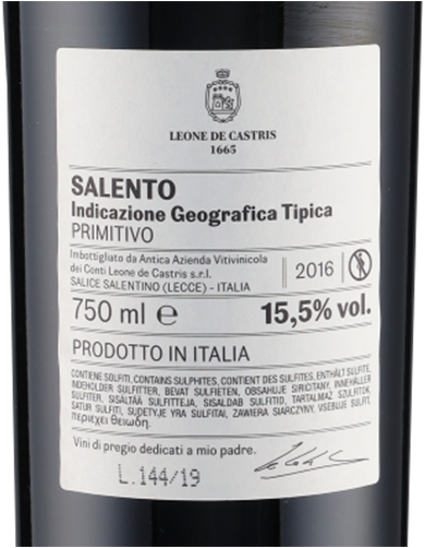 Per Lui Primitivo Salento IGT 2016  Leone de Castris